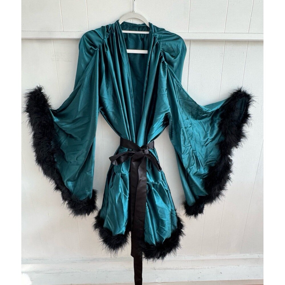 Emerald Green Satin Feather Trim Robe Kimono Vintage Hollywood Bridal Lingerie